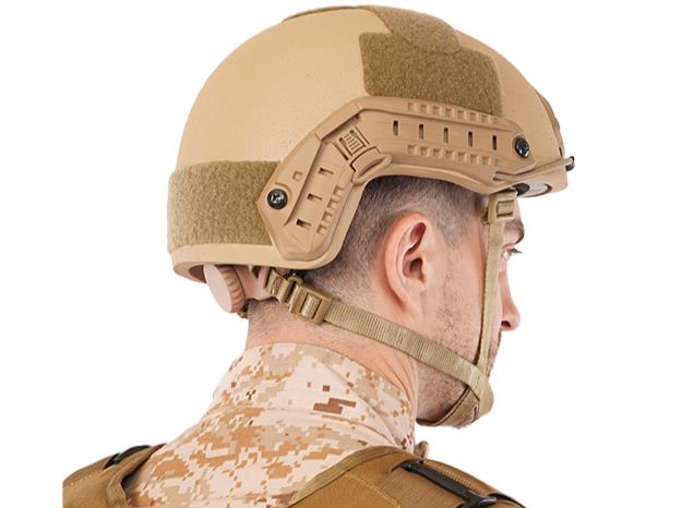 Soldier wearing a tan RAPS Helmet with side rail mounts and camouflage uniform viewed from the back