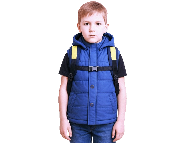 Young boy wearing a blue Steller Vest with hood and front pockets, carrying a yellow-strap backpack.