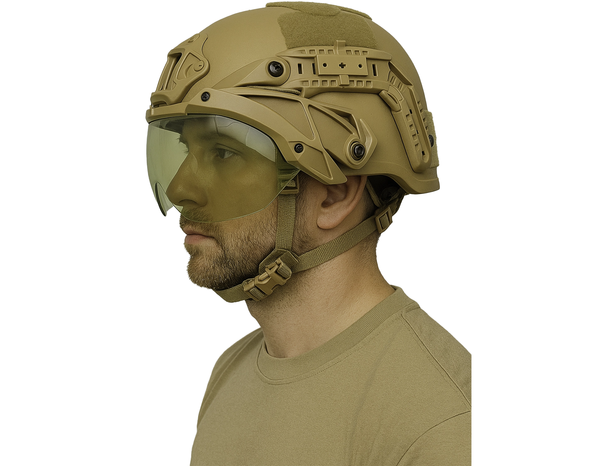 Side view of a person wearing a tan tactical helmet with an attached tinted fragment visor lowered over the face.