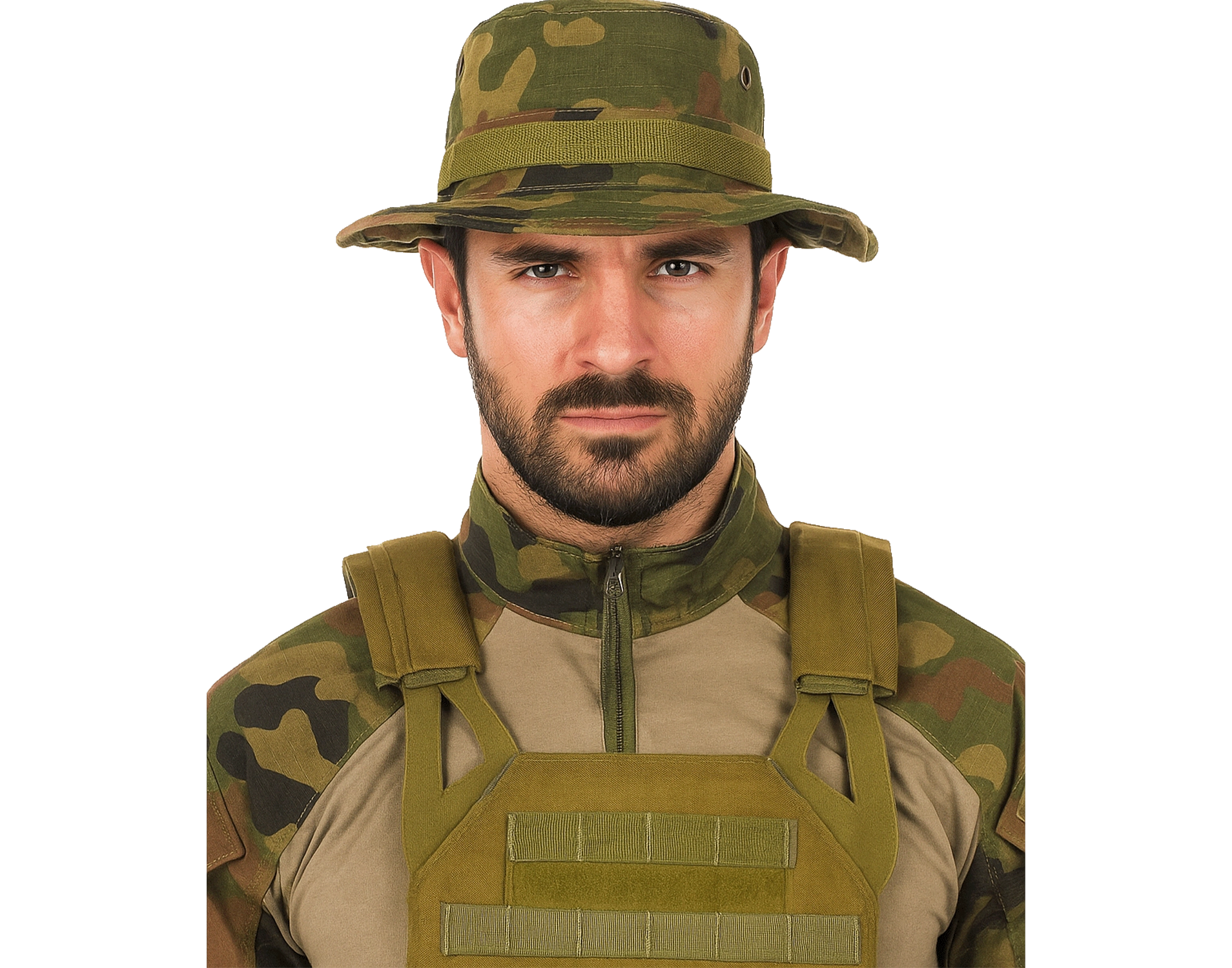 Man wearing Hard Shell Military Hat in camouflage pattern with tactical uniform.