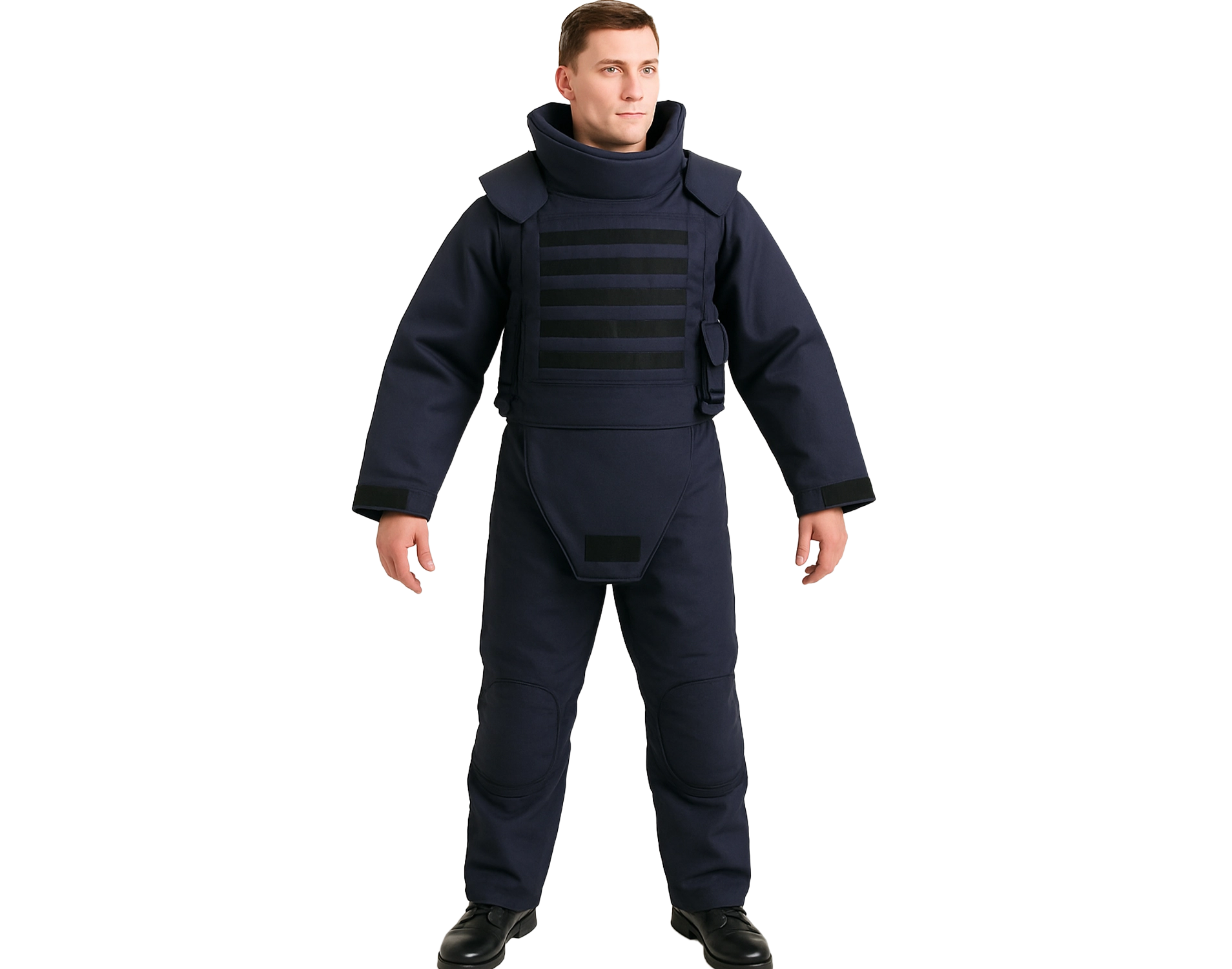 Full-body navy demining suit with reinforced chest, neck, arm, and groin protection worn by a model.