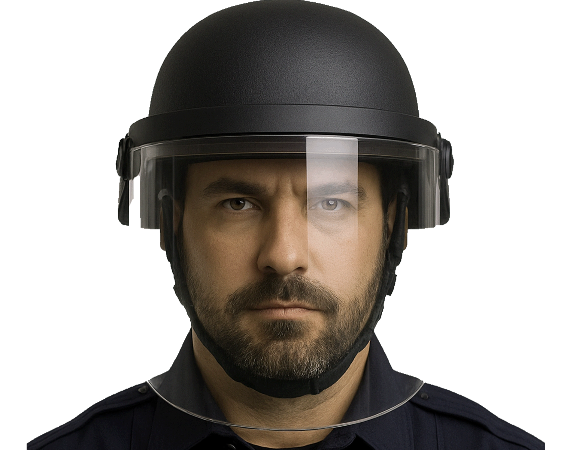 Man wearing a ballistic helmet with a clear protective visor, designed for riot and tactical safety.