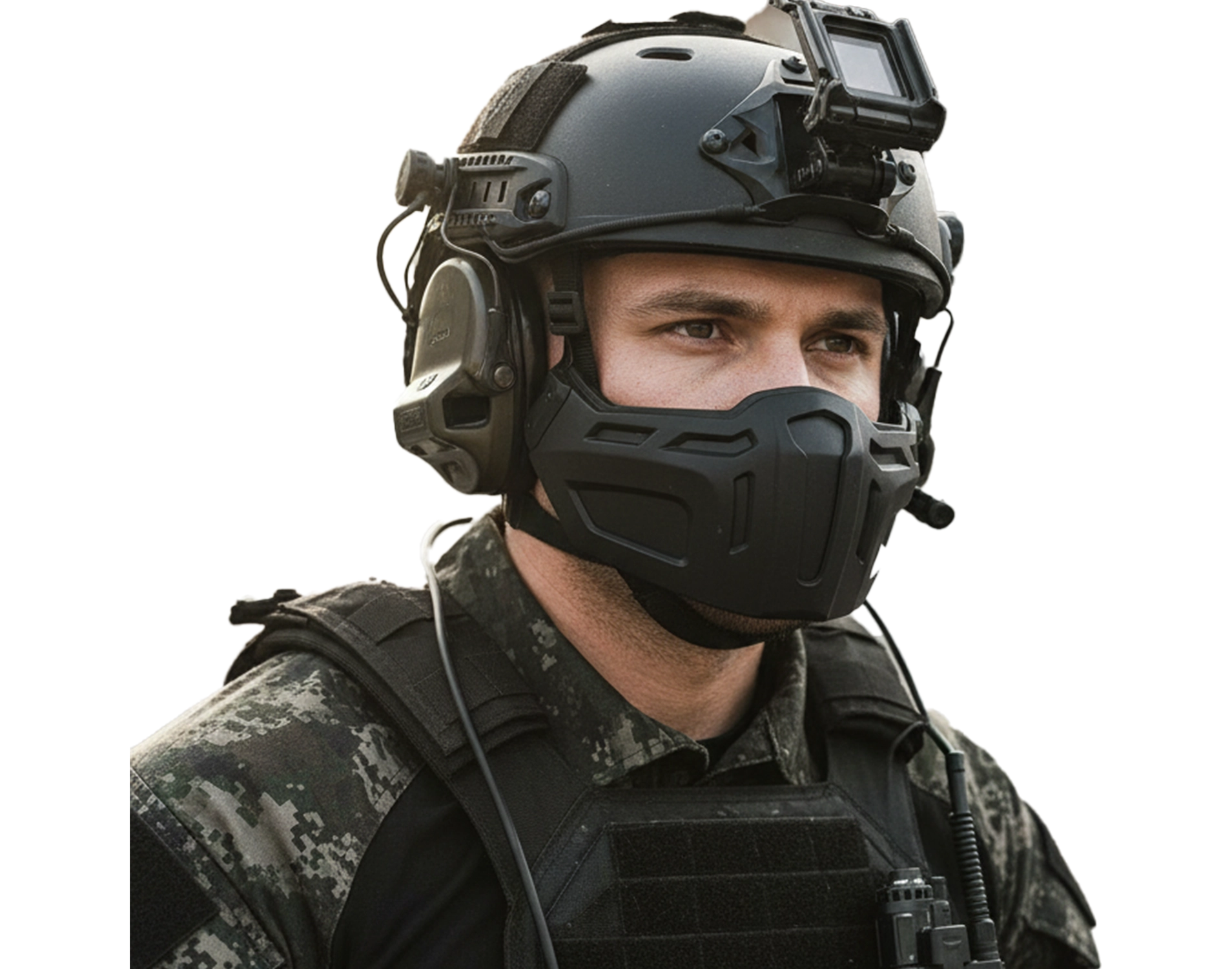 Soldier wearing a black tactical mandible guard attached to a ballistic helmet with mounted accessories.