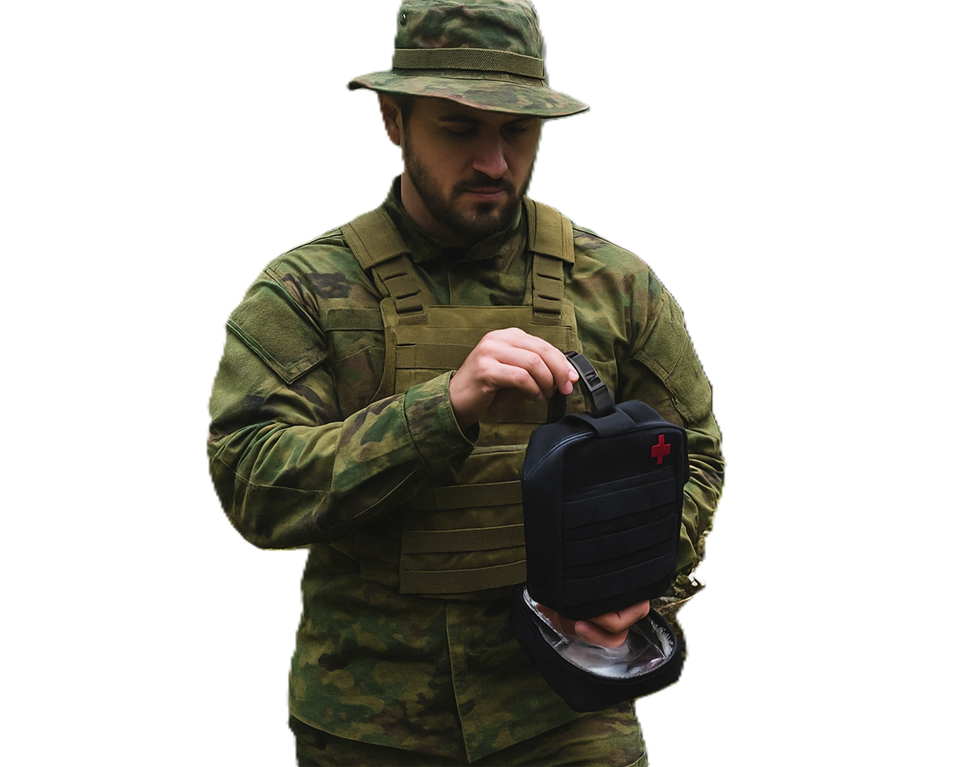 Individual First Aid Kit by Hard Shell with compact tactical pouch and essential medical supplies.