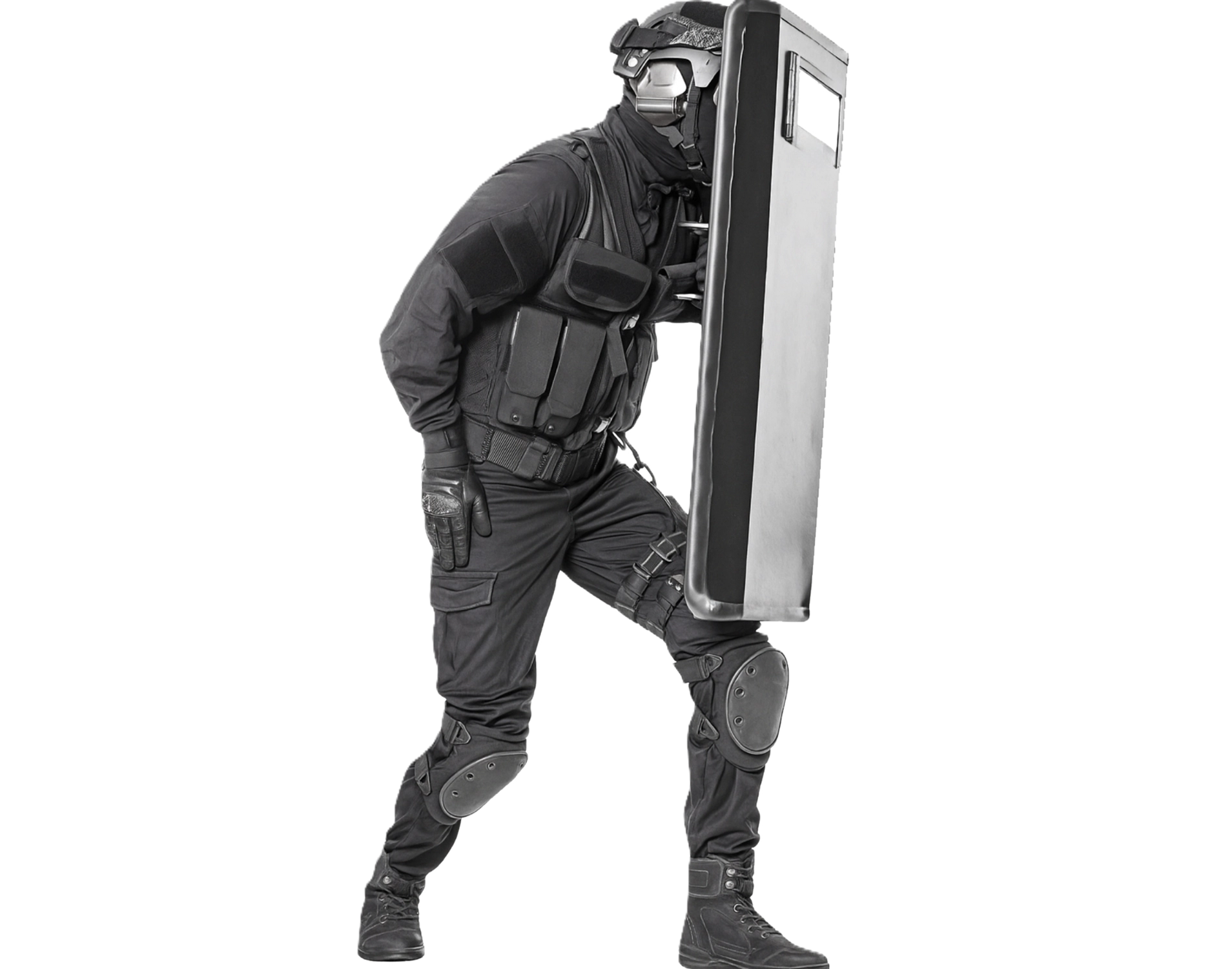 Hard Shell ballistic shield offering advanced protection with viewport and reinforced handle grip.