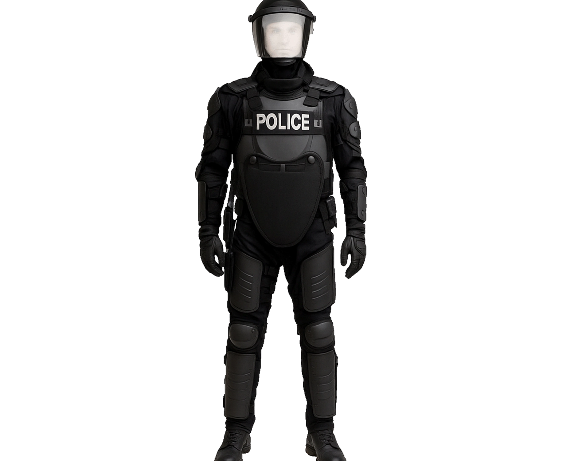 Police officer wearing Hard Shell full-body riot control suit with protective armor and helmet.