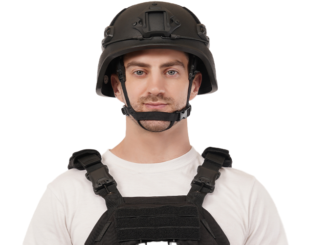 Soldier wearing black PASGT Helmet with tactical vest front view ballistic protection helmet