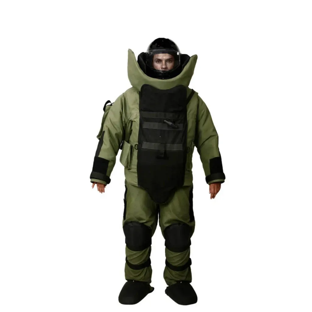 Hard Shell bomb disposal suit providing full-body blast protection with advanced ballistic armor.