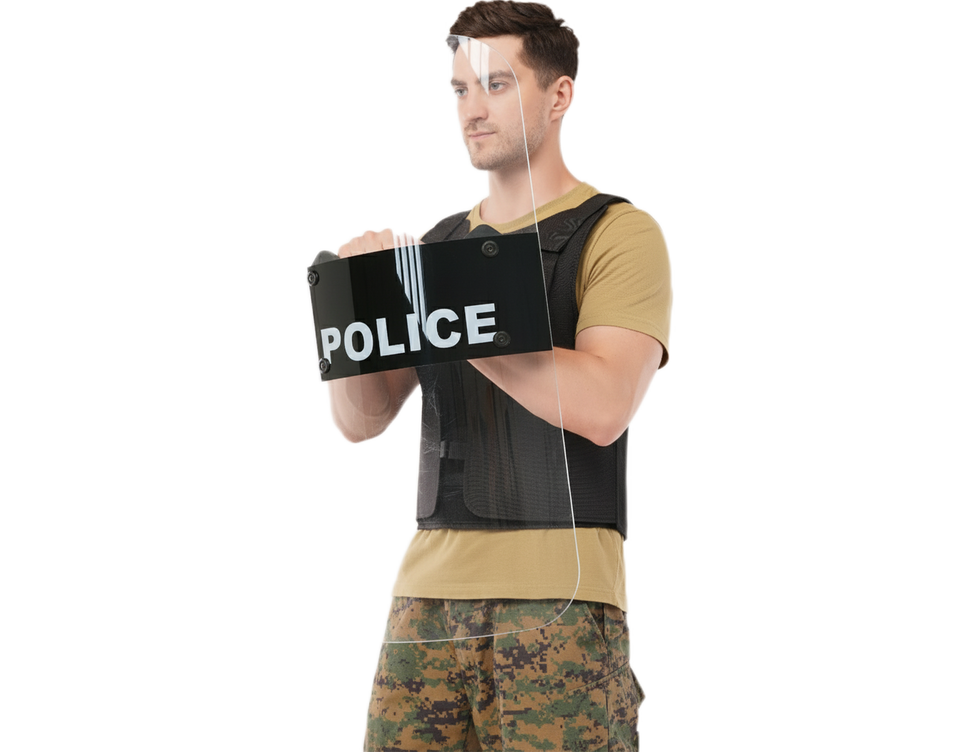 Man holding Hard Shell Police Riot Shield made of transparent polycarbonate with black POLICE label.