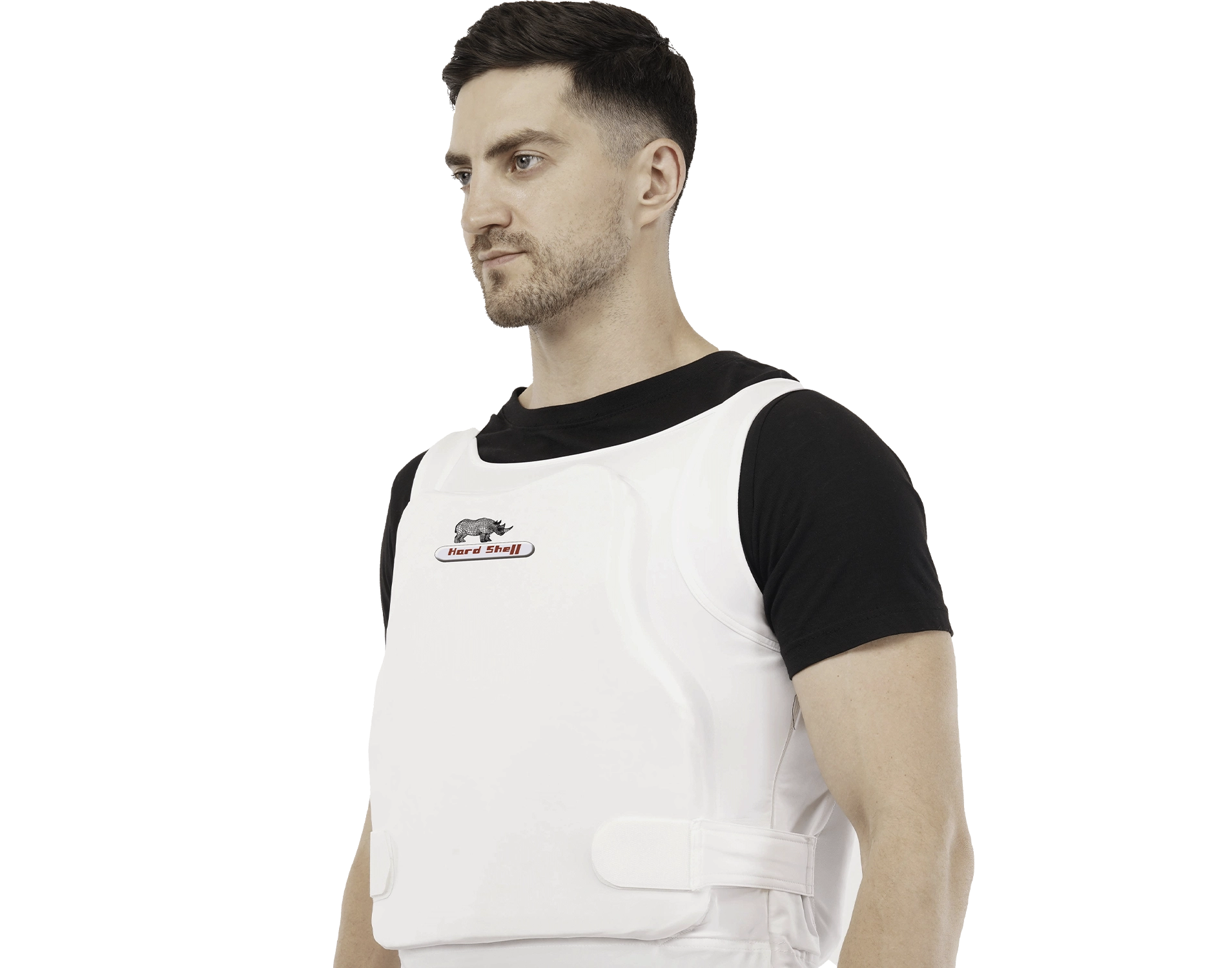 Model wearing a vip undervest vest with Hard Shell logo, designed for discreet personal protection and safety.