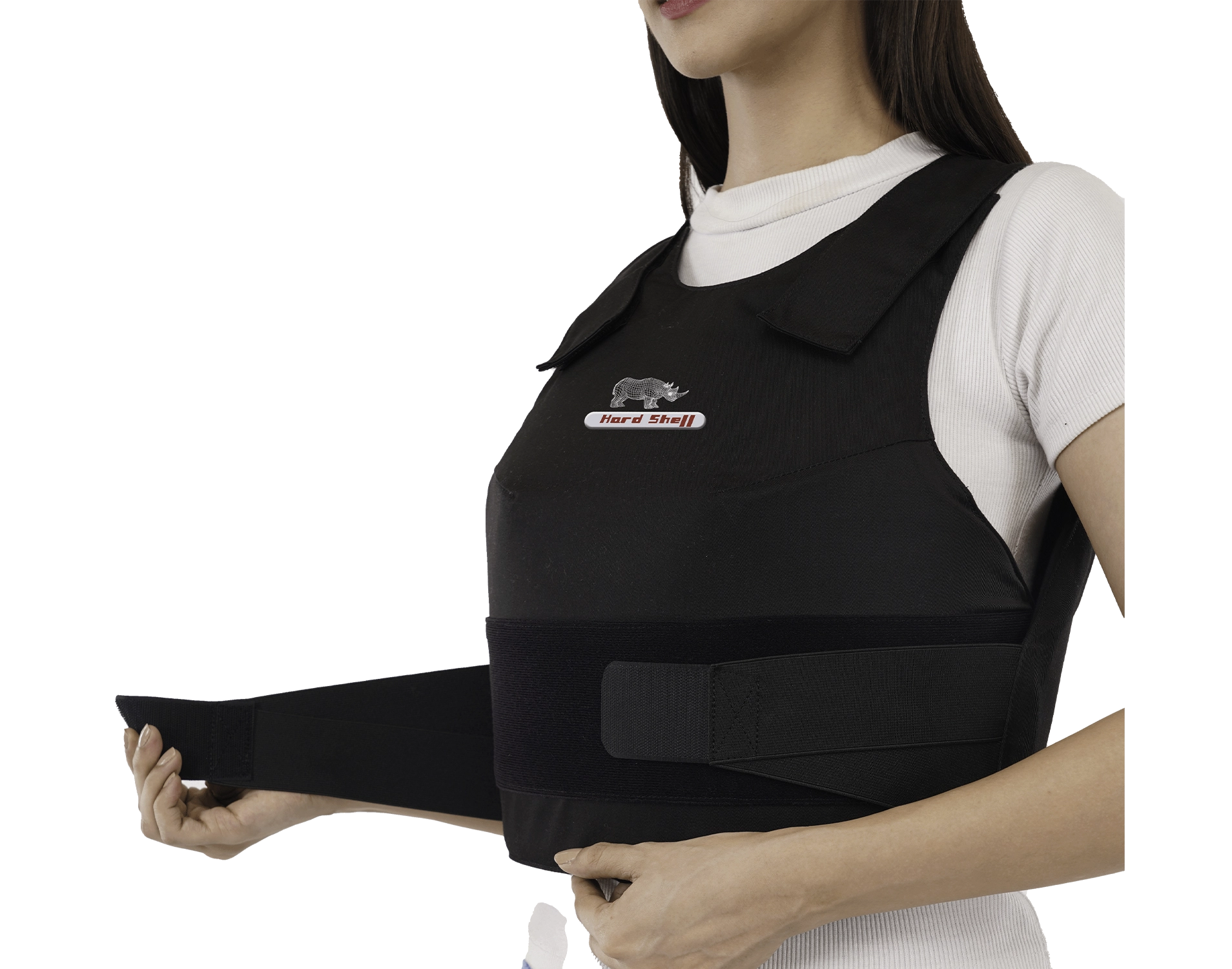 Woman adjusting Hard Shell Vixen Vest, designed for female officers with lightweight, ergonomic ballistic protection.