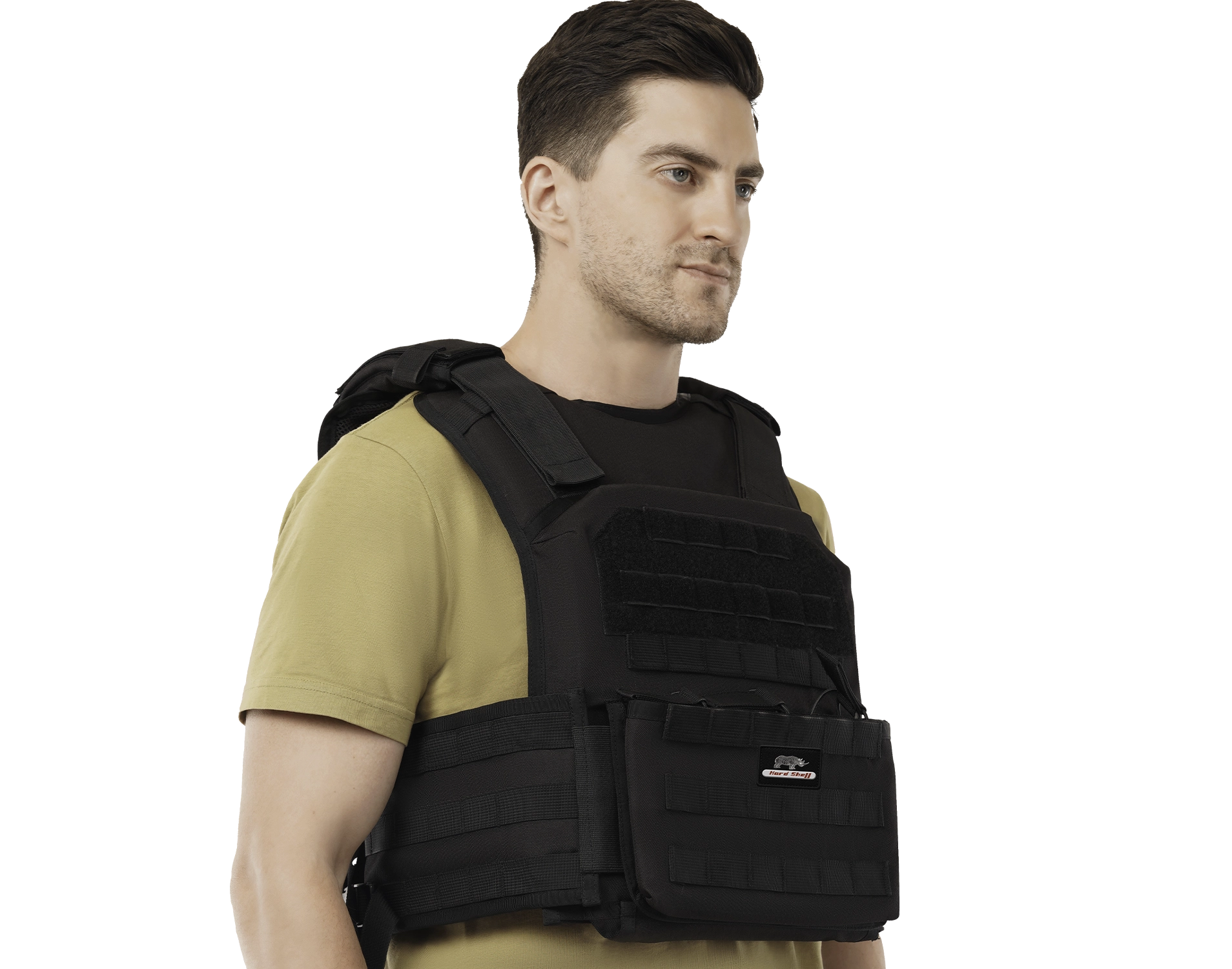 Man wearing Hard Shell Active Shooter Plate Carrier in black, showing side view with modular MOLLE system.