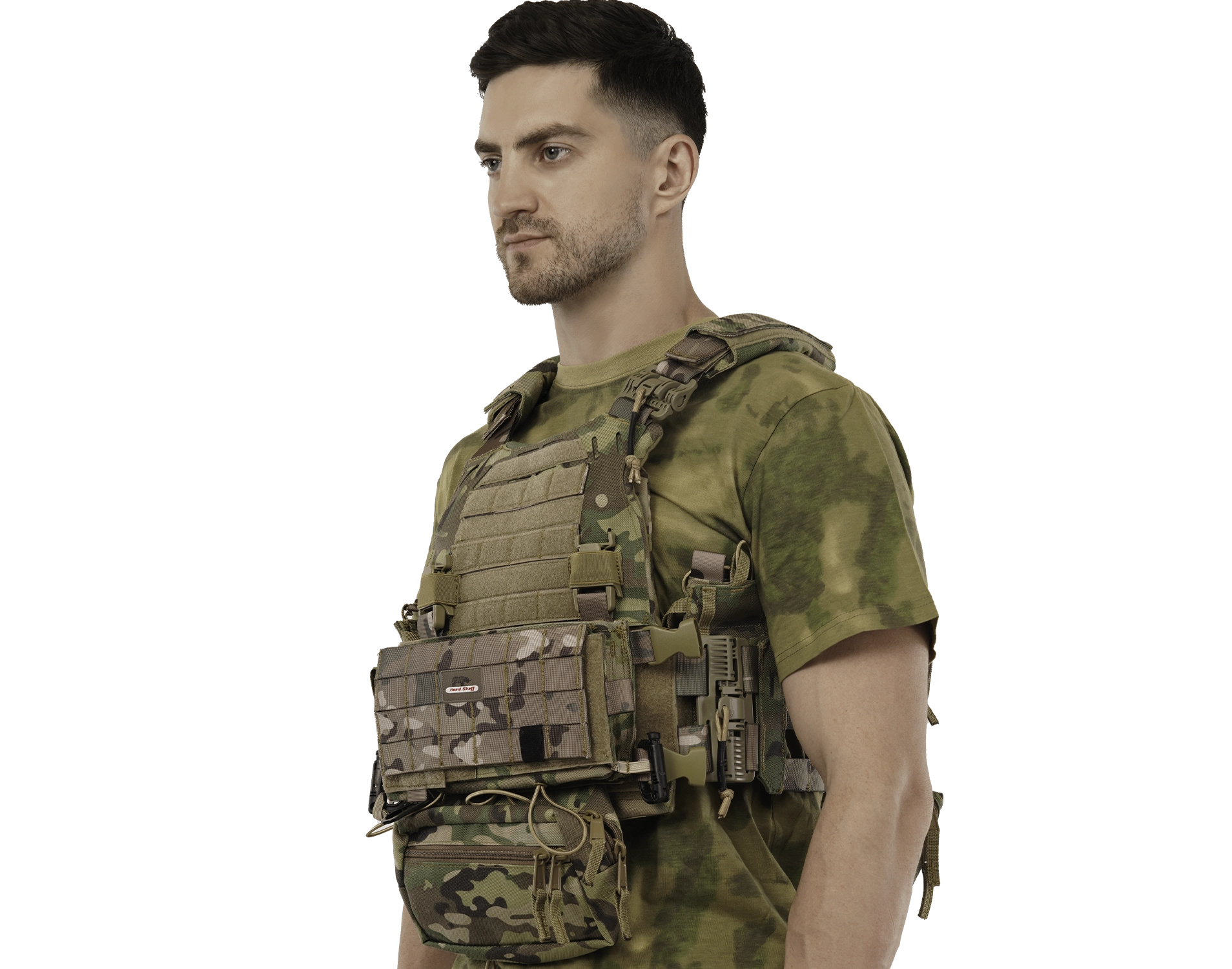 Man wearing Hard Shell Ranger Vest in camouflage pattern, showcasing tactical design and side pouches.
