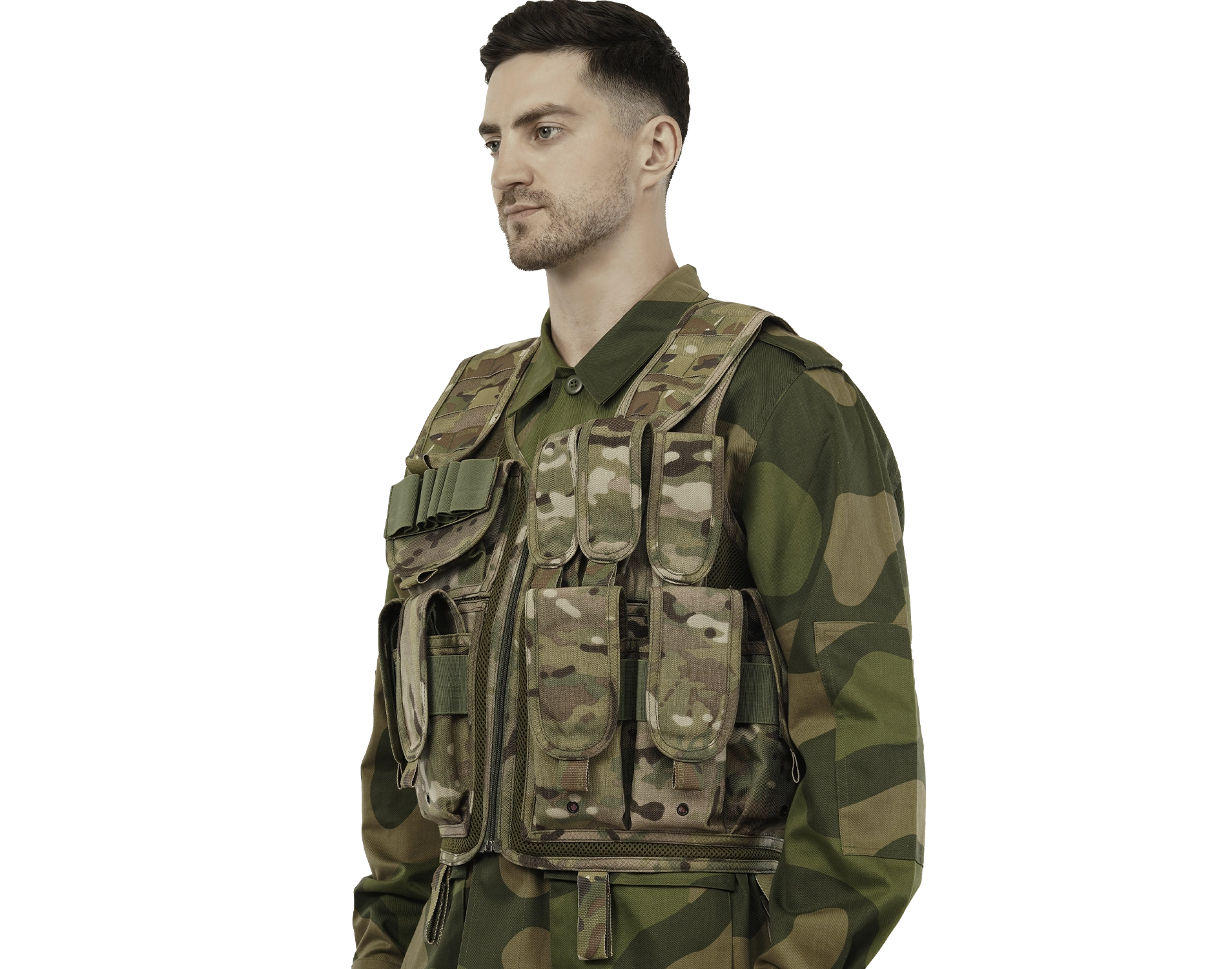Soldier wearing Hard Shell Assault Vest in camouflage with multiple utility pouches and adjustable fit.