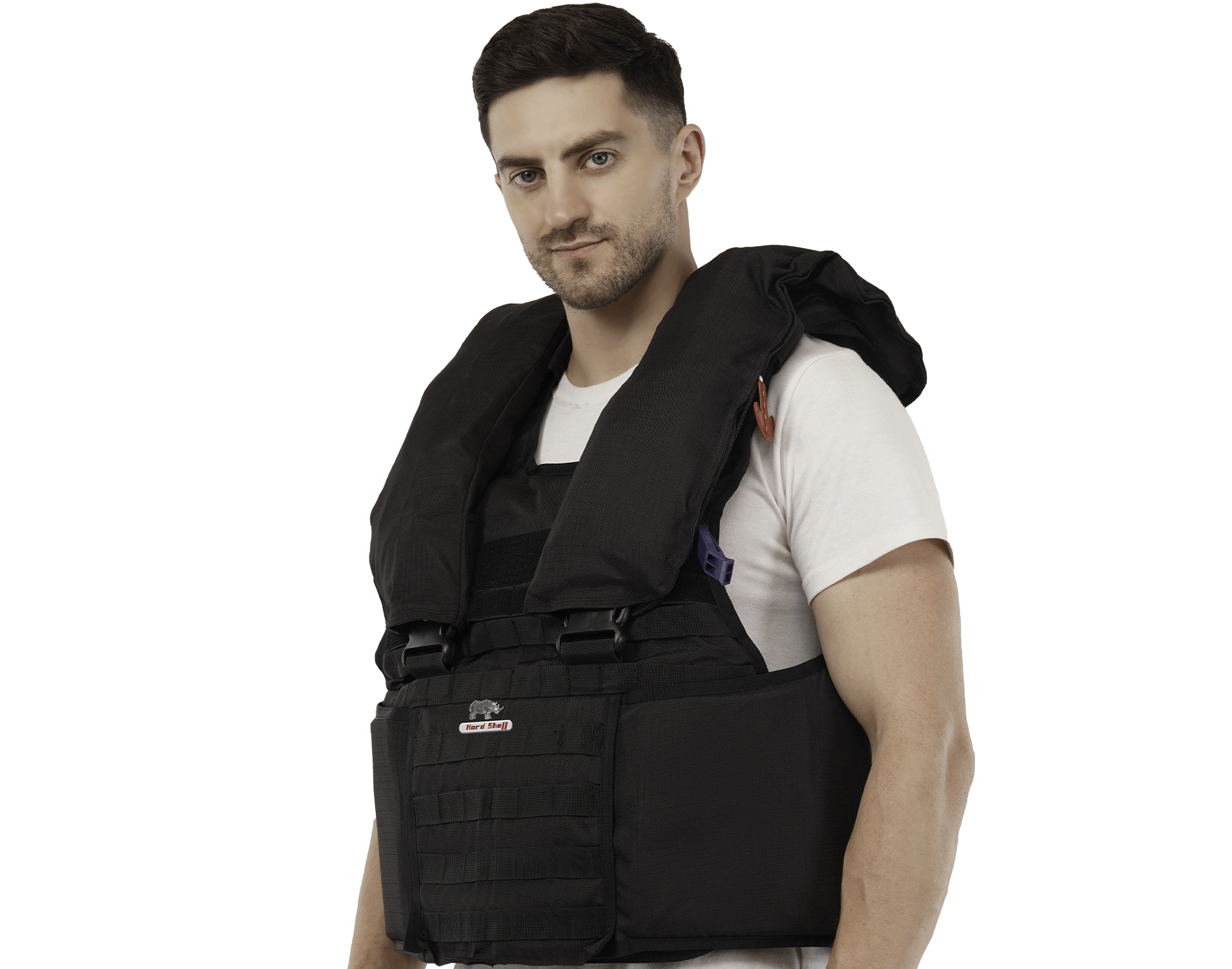 Man wearing Hard Shell Tactical Marine Vest in black with flotation collar for maritime protection.