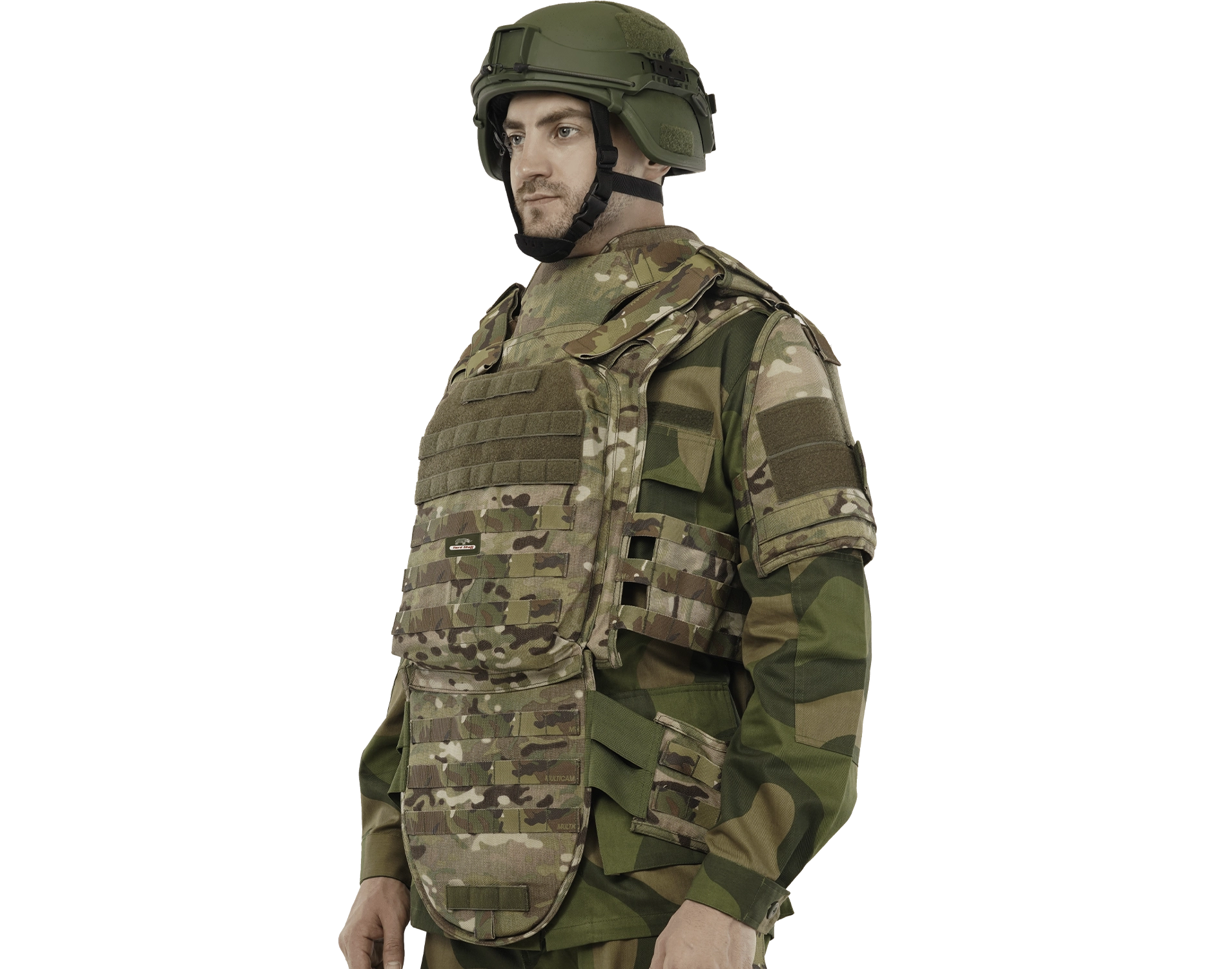 Soldier wearing Hard Shell Saviour Vest in camouflage with helmet, full-body protection
