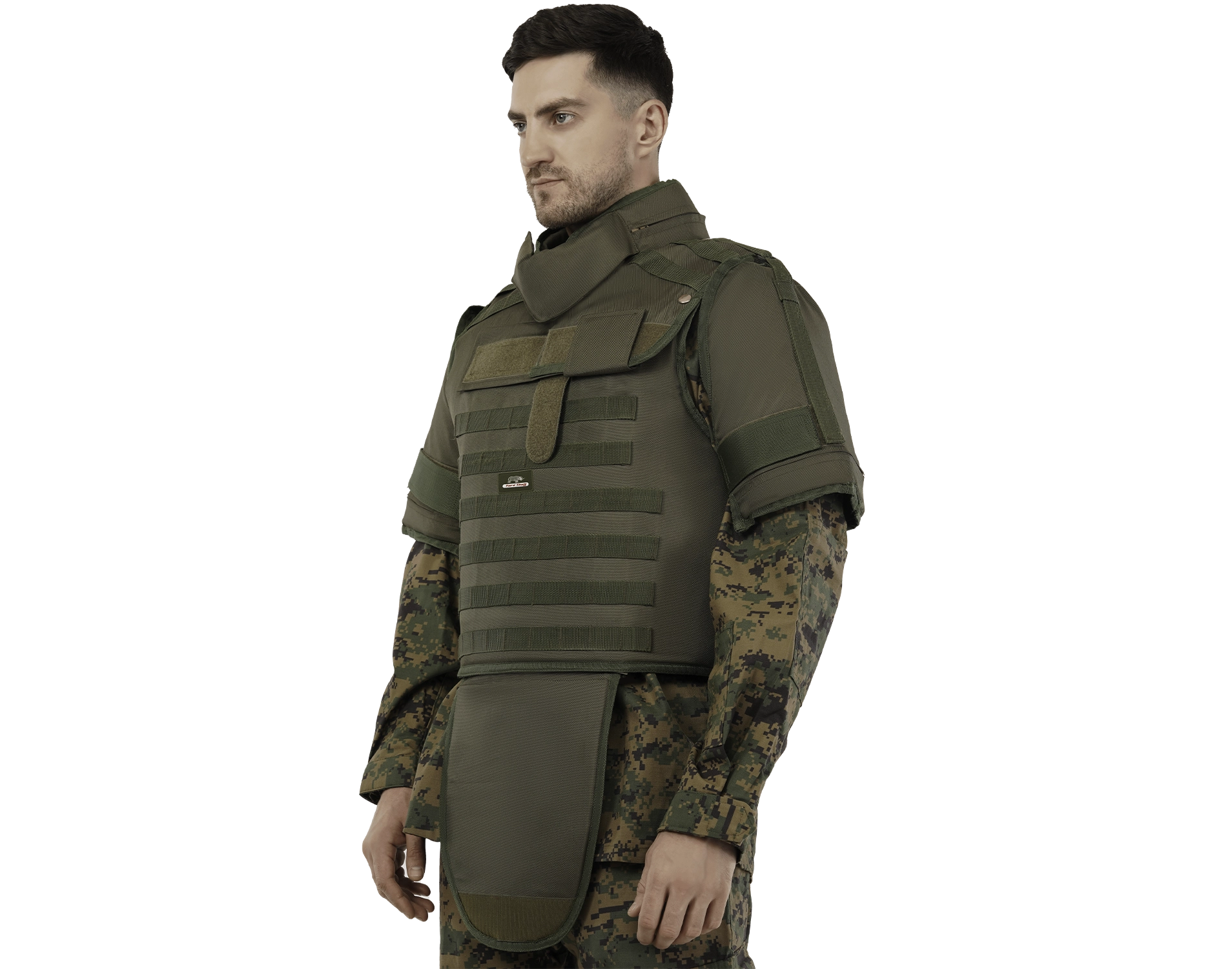 Man wearing Hard Shell olive green Rescuer Vest with neck, shoulder, and groin protection, designed for tactical and rescue operations.