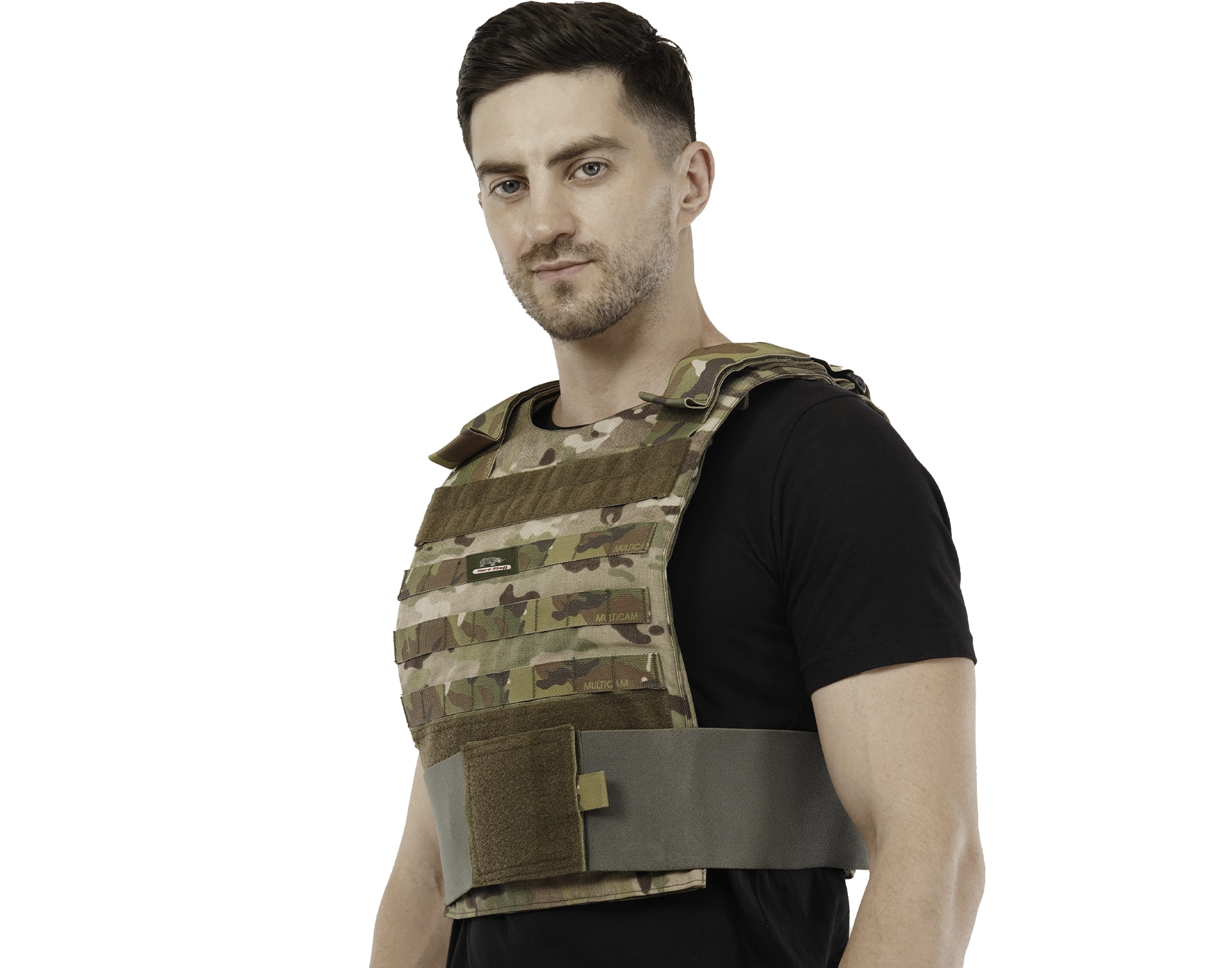 Man wearing Hard Shell Phantom Vest in multicam pattern, showing side view and adjustable waist strap.