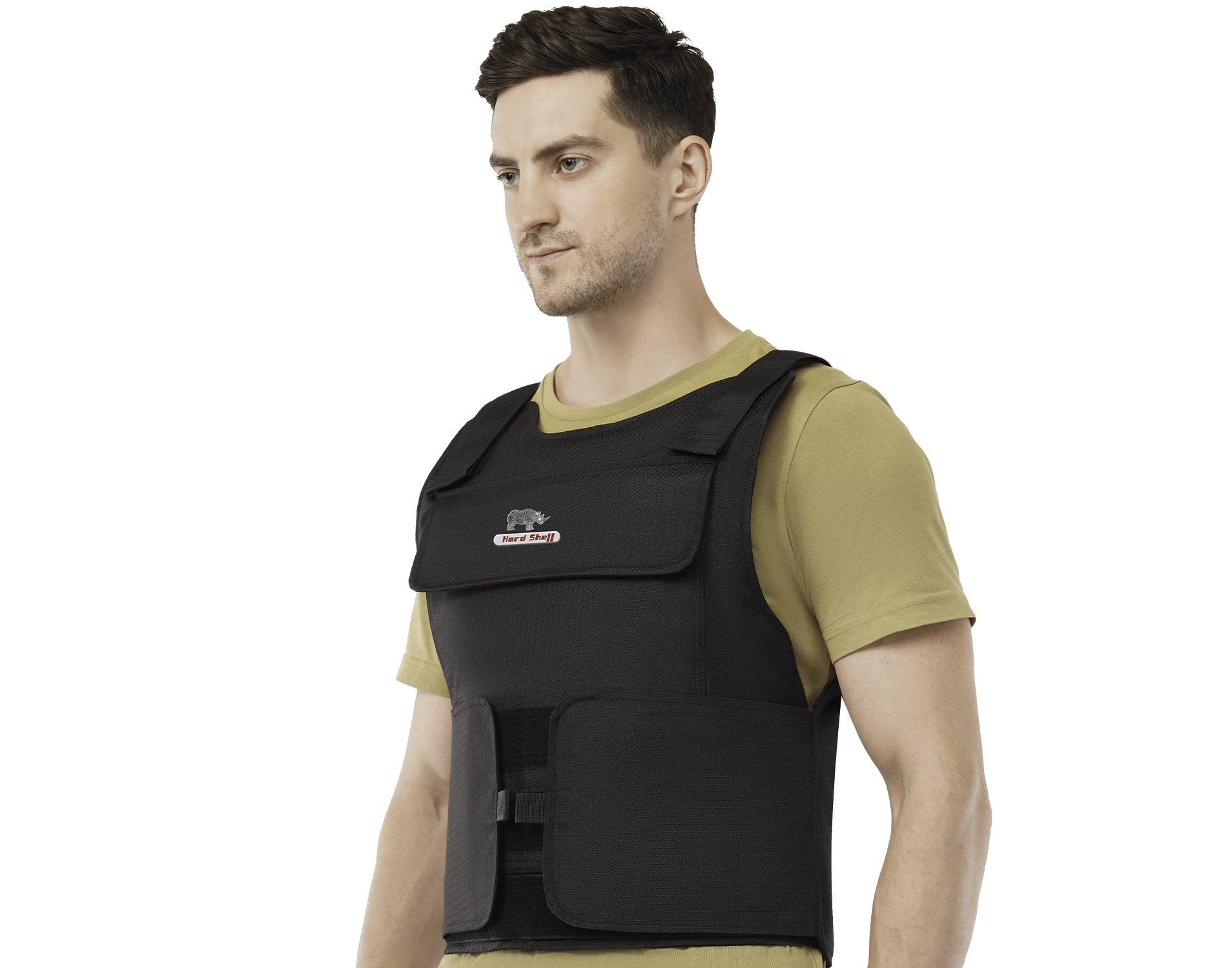 Man wearing Hard Shell black multi-purpose vest over tan t-shirt, showcasing front and side view of lightweight tactical body armor.