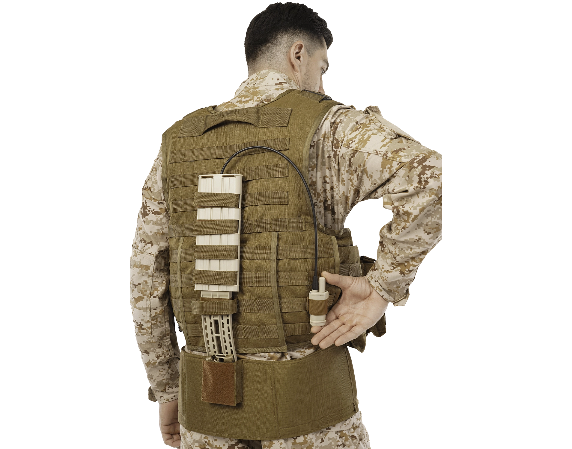 Back view of Hard Shell Tactical Operator Vest AWRS in tan color with hydration pack and modular attachments.