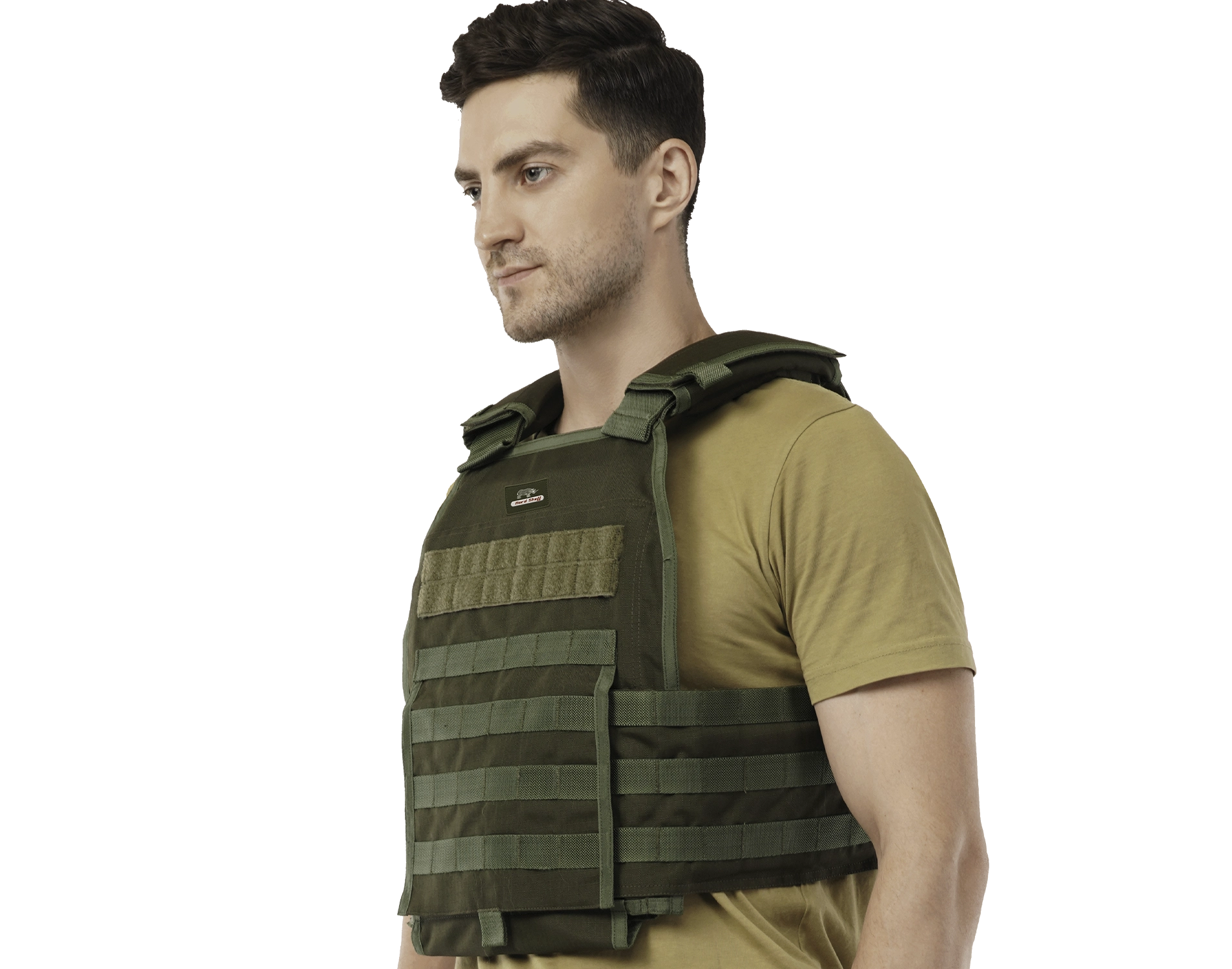 Man wearing Hard Shell Plate Carrier Vest - Slick II in olive green, showing side straps and lightweight design.