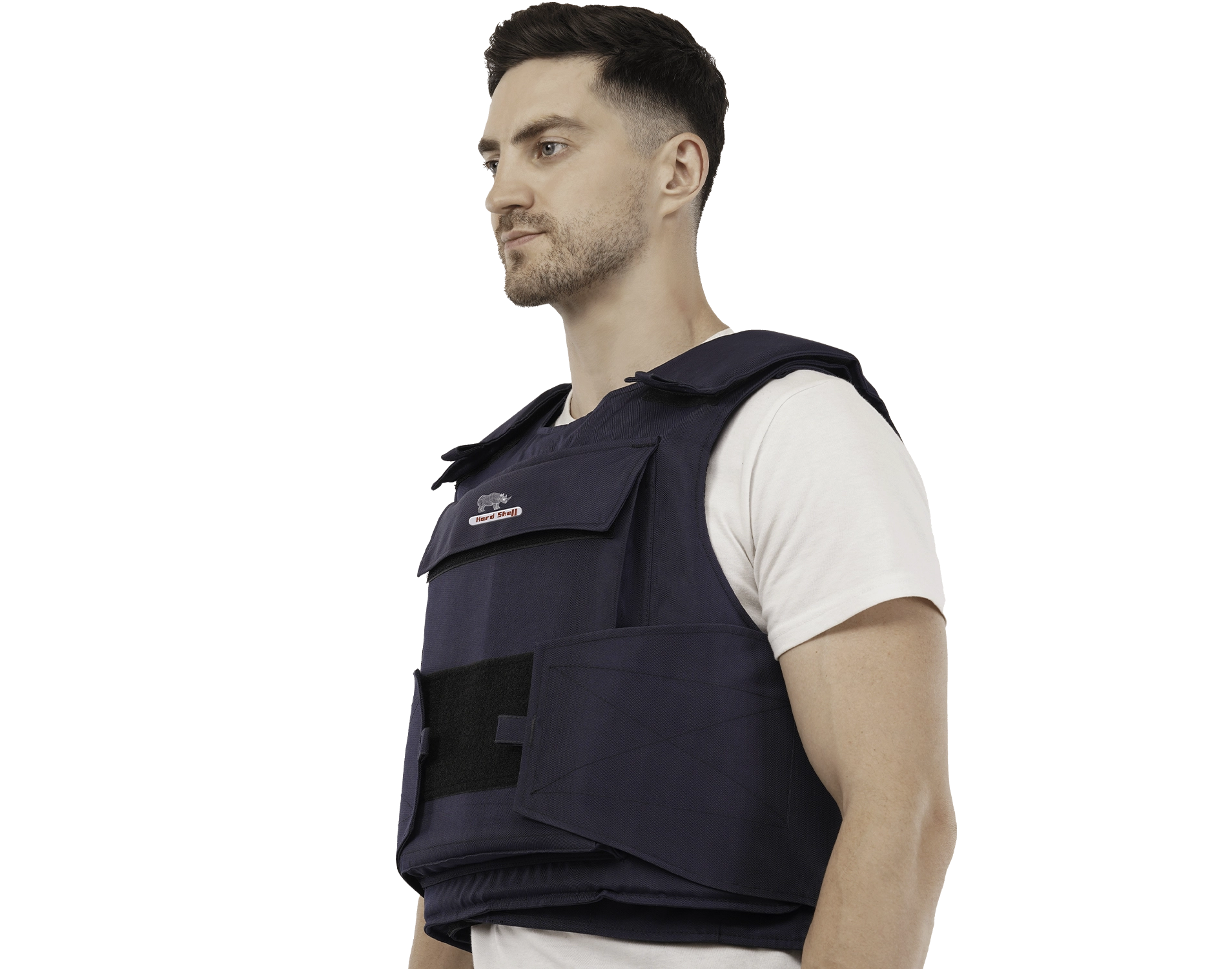 Man wearing Hard Shell General Purpose Defender Vest in navy blue with tactical protection and adjustable fit.