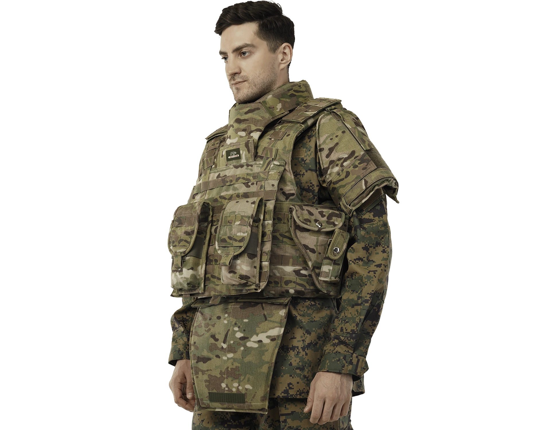 Model wearing Hard Shell camouflage Warrior Vest with utility pouches, neck, shoulder, and groin protection for advanced battlefield performance.