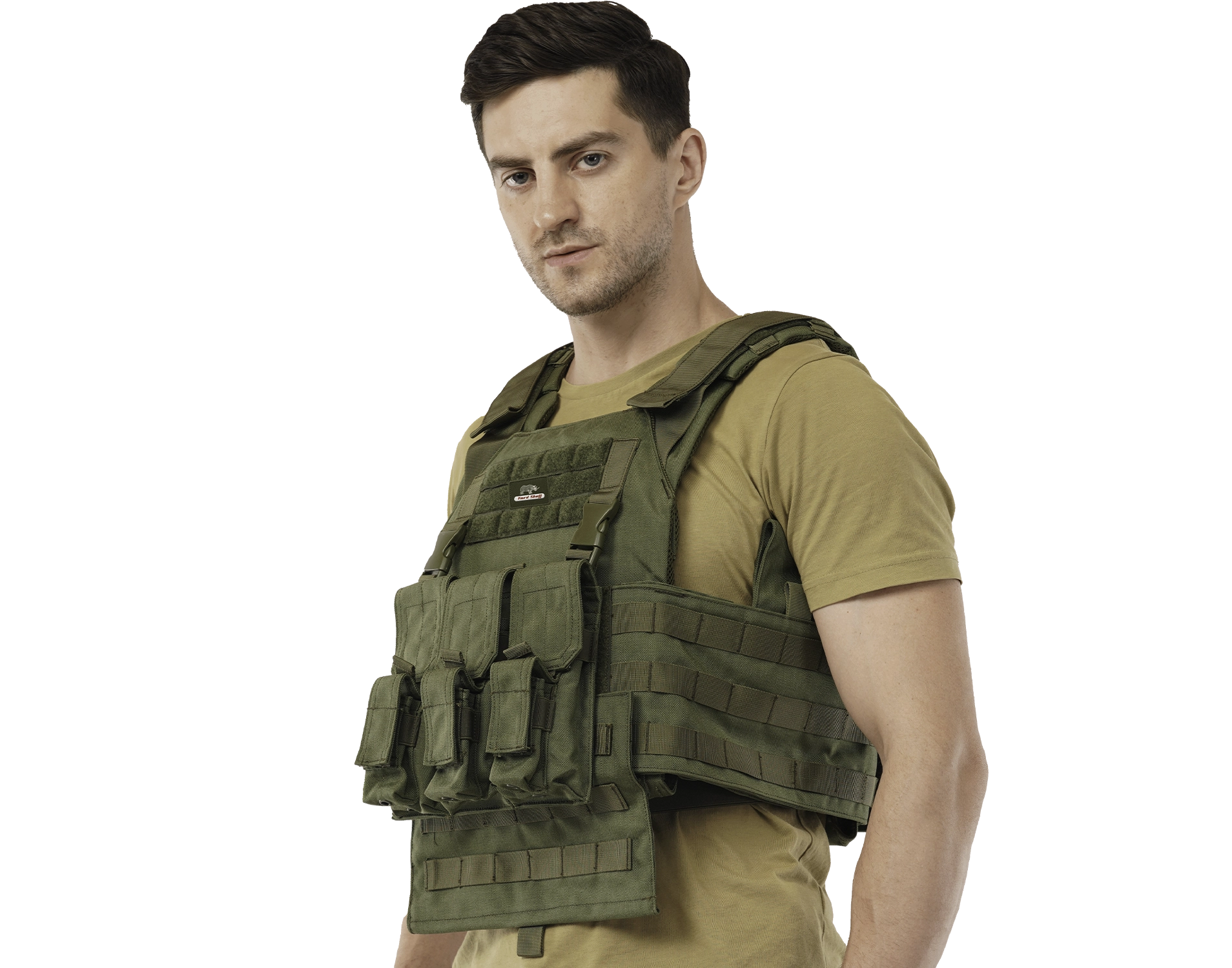 Man wearing Hard Shell Plate Carrier Vest - Slick I in olive green, showcasing modular front pouches and fit.