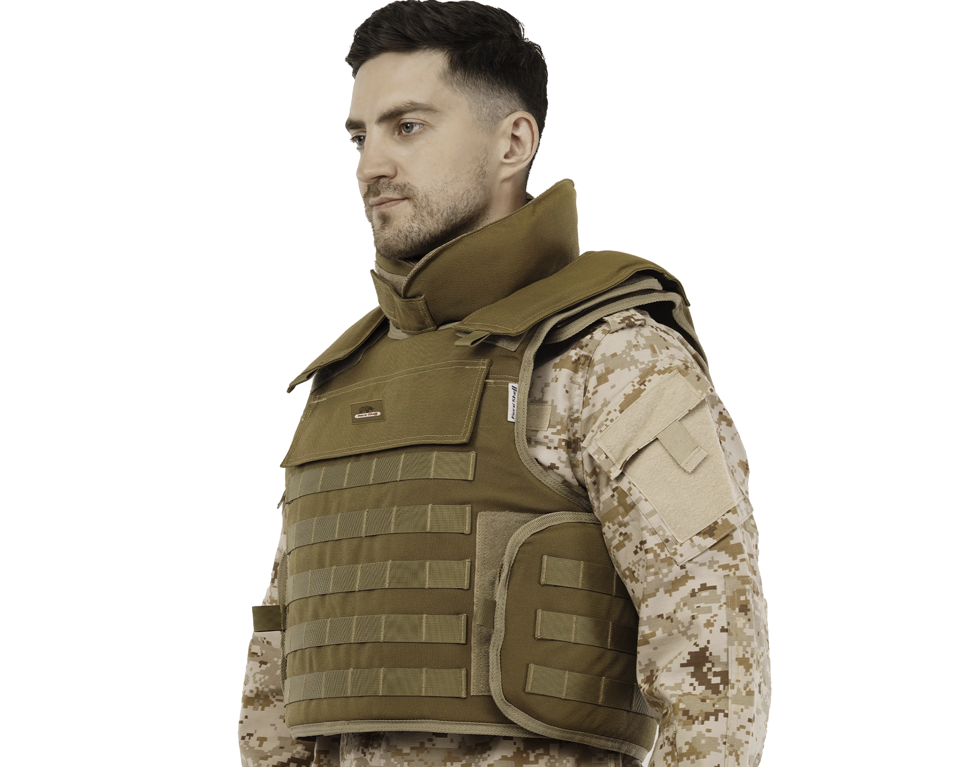 Man wearing Hard Shell MOLLE General Purpose Vest in tan with full protection and modular attachment system.