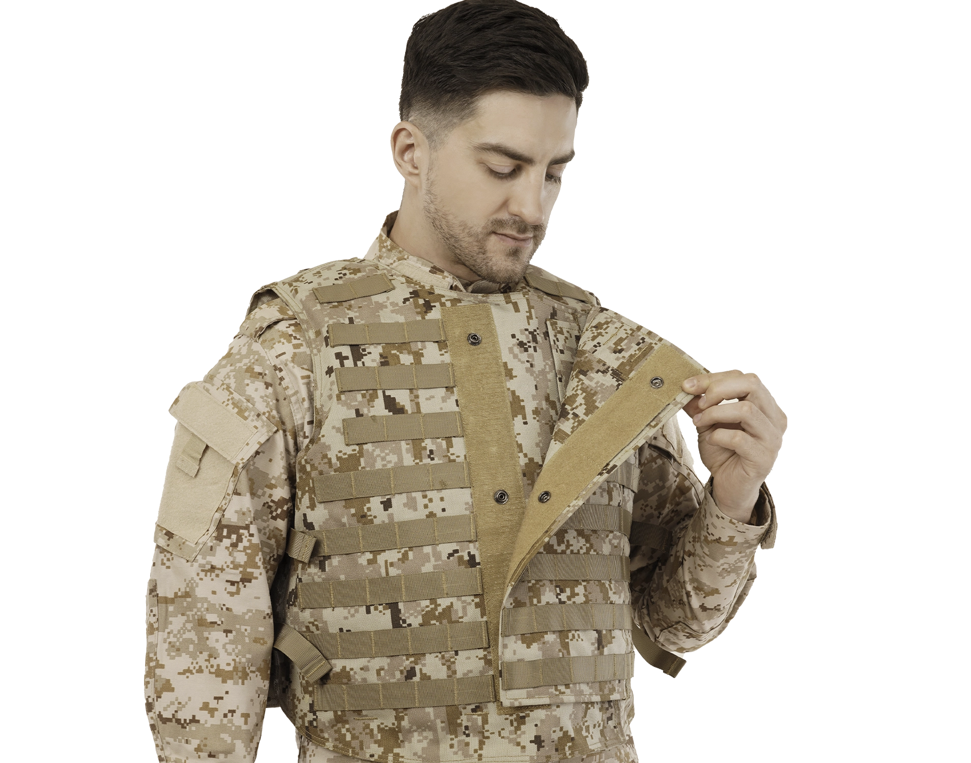 Man wearing a tan digital camouflage Front Opening MOLLE Protector Vest, showing adjustable front panel for tactical protection.