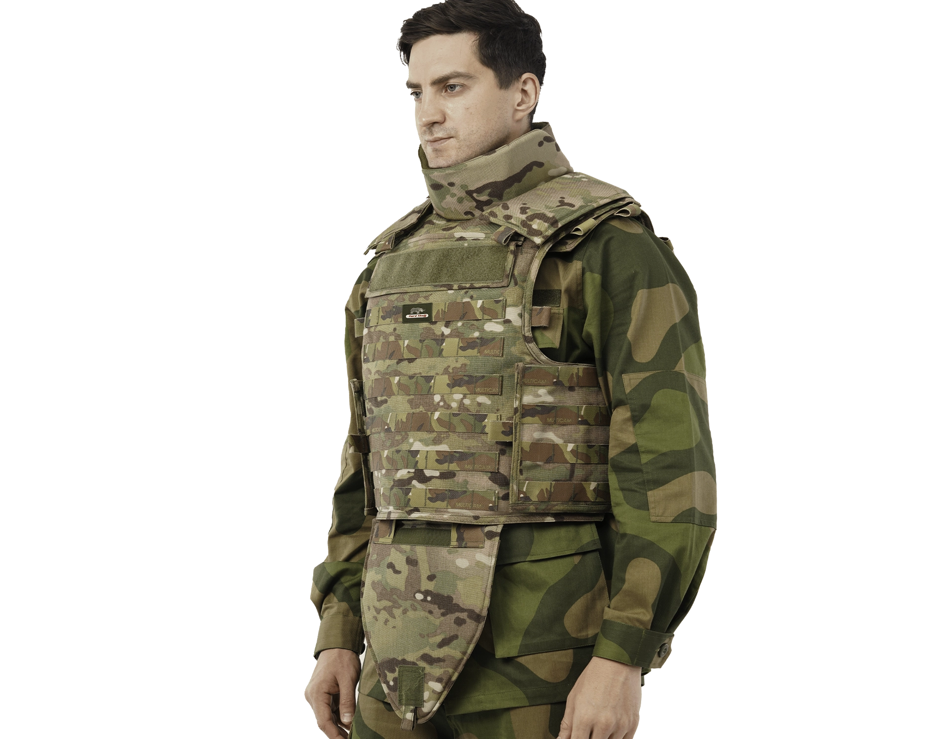 Man wearing Hard Shell Tactical Guardian Vest in camouflage with neck and groin protection panels.