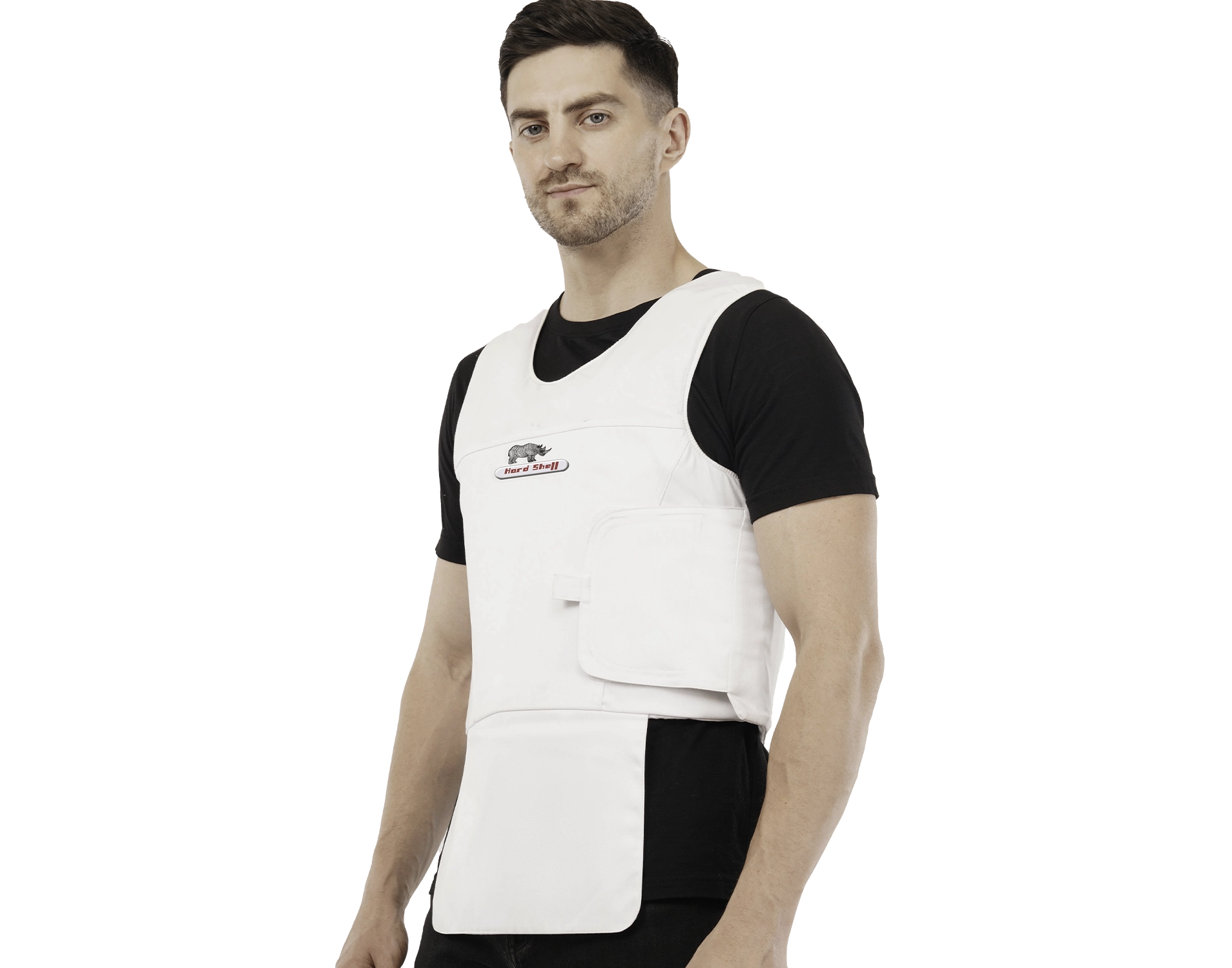 Model wearing a white Hard Shell concealable vip vest designed for concealed protection and lightweight body armor comfort.