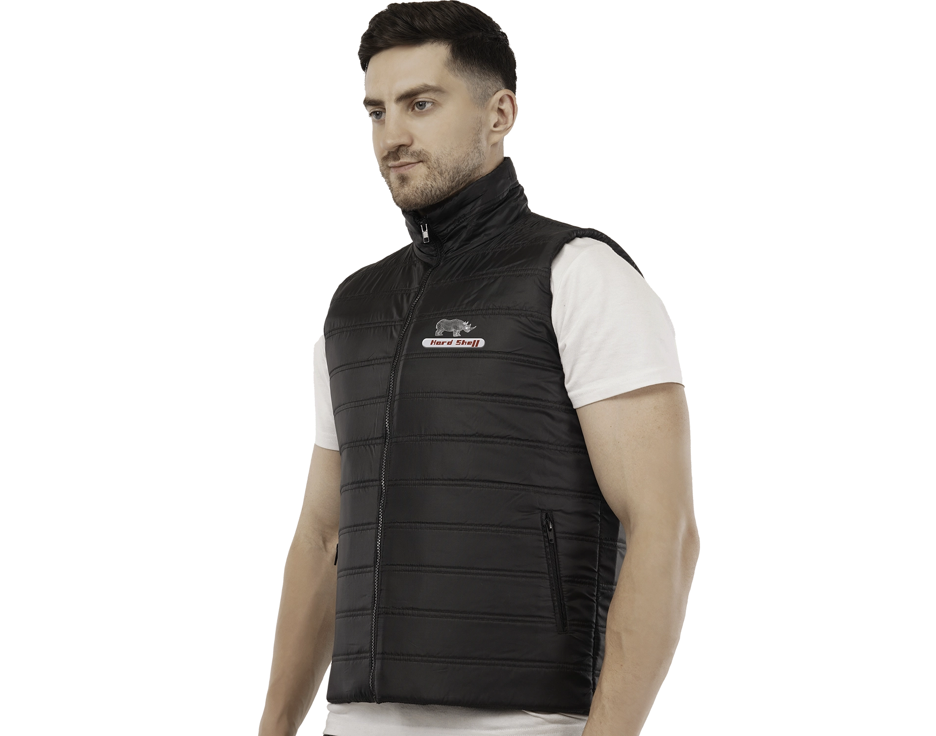 Hard Shell black winter turf vest for men, lightweight sleeveless jacket with front zipper and logo branding for cold weather.