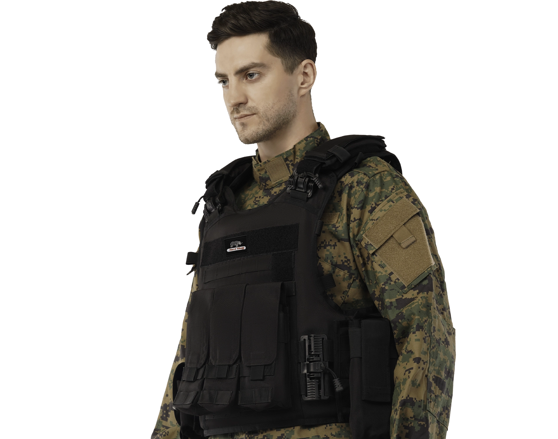 Man wearing Hard Shell Rhino Tactical Vest in black, designed for military and law enforcement protection.